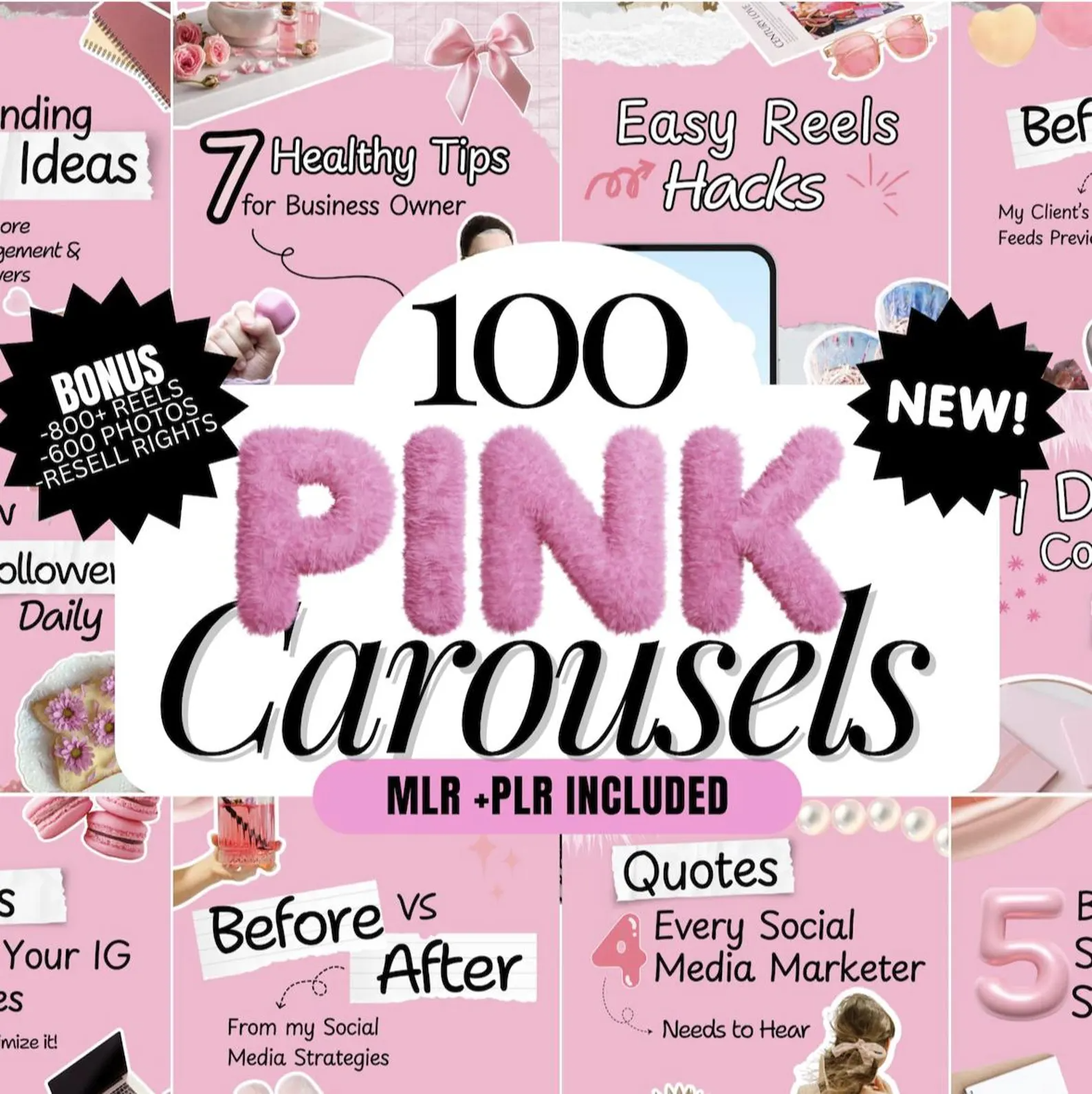 100 Pink Instagram Carousel Templates | Aesthetic Canva PLR MRR | Viral Content for Coaches & Influencers | DFY Social Media