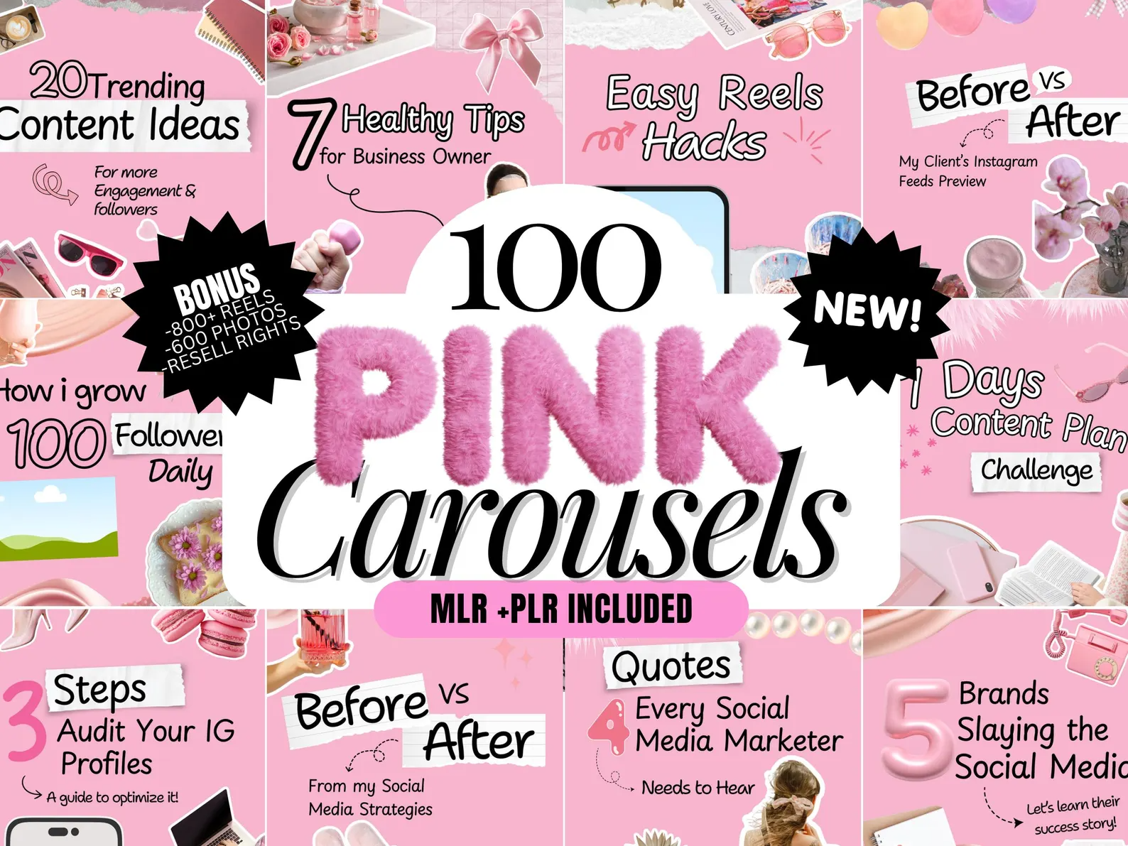 100 Pink Instagram Carousel Templates | Aesthetic Canva PLR MRR | Viral Content for Coaches & Influencers | DFY Social Media - Image 5